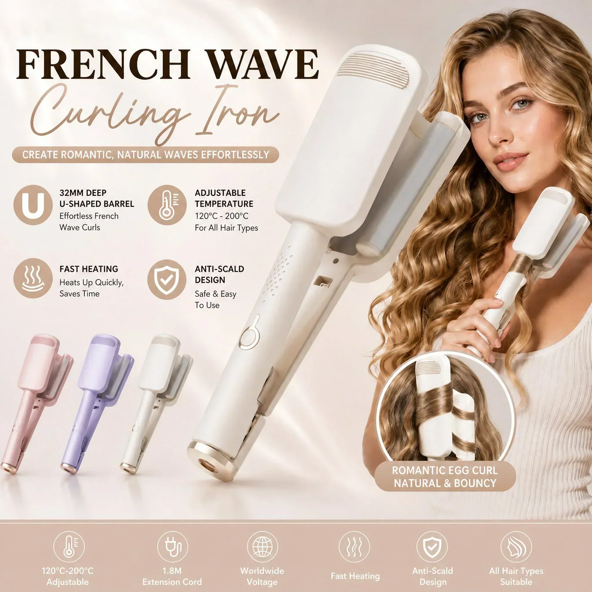 Wave Curling Iron, Fast Heating Adjustable Temperature, 1.6m Extension Cord, Suitable for Any Hairstyle Hair Type