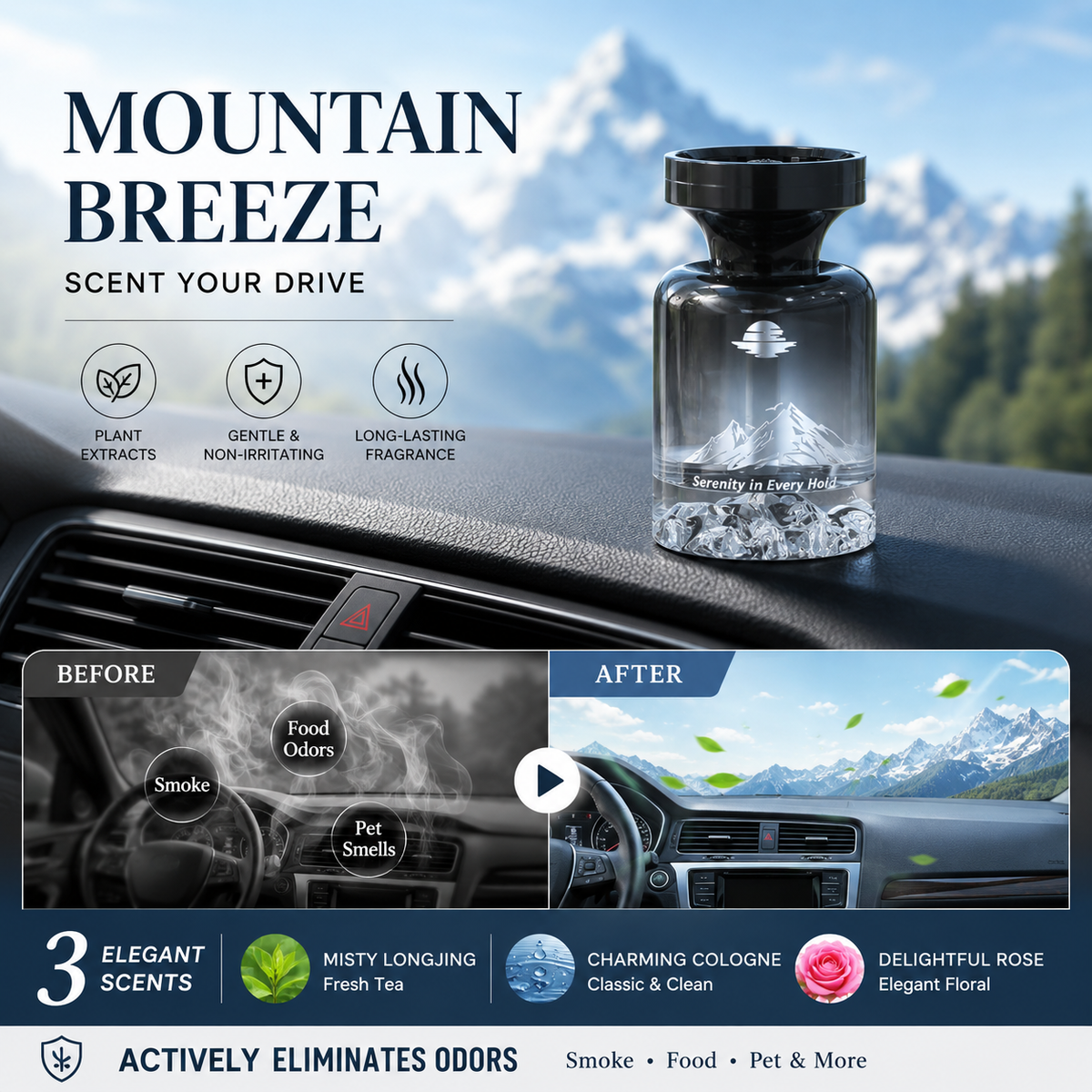 Bring the serenity of nature to every drive with long-lasting fragrance and effortless odour control- 110ml Long-Lasting Car Air Freshener – Natural plant extracts, eliminates smoke & pet odours. Weeks of freshness. Mountain design. Breath easy! 💨✨