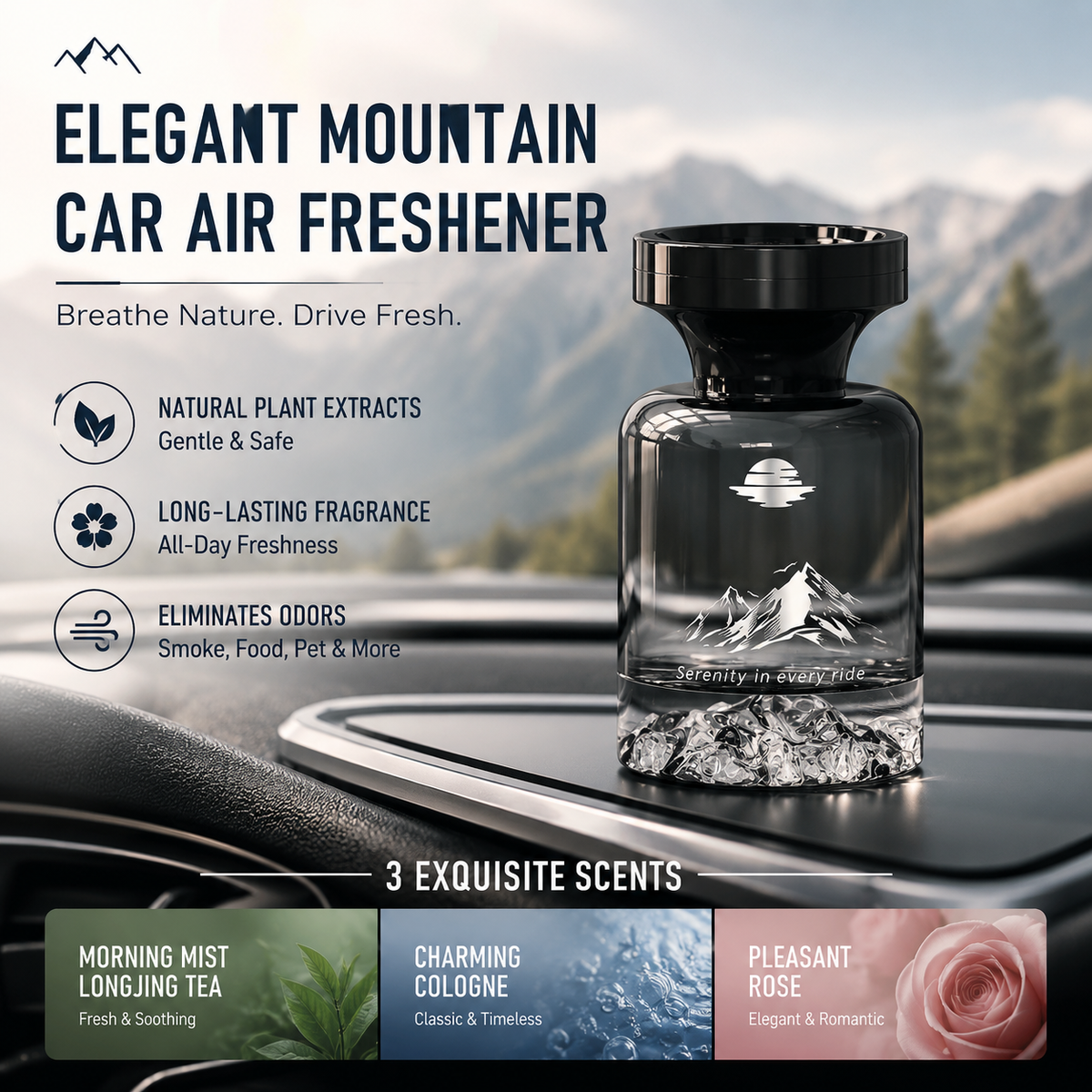 Bring the serenity of nature to every drive with long-lasting fragrance and effortless odour control- 110ml Long-Lasting Car Air Freshener – Natural plant extracts, eliminates smoke & pet odours. Weeks of freshness. Mountain design. Breath easy! 💨✨