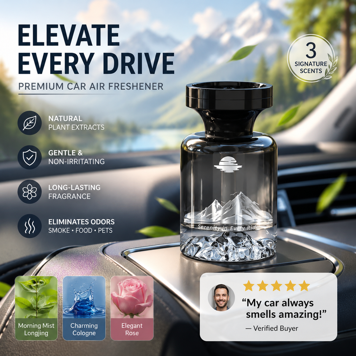 Bring the serenity of nature to every drive with long-lasting fragrance and effortless odour control- 110ml Long-Lasting Car Air Freshener – Natural plant extracts, eliminates smoke & pet odours. Weeks of freshness. Mountain design. Breath easy! 💨✨